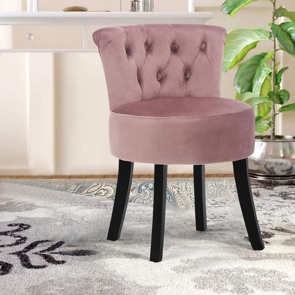 Pink High-Back Vanity Chair – Soft Linen Makeup Stool with Wooden Legs