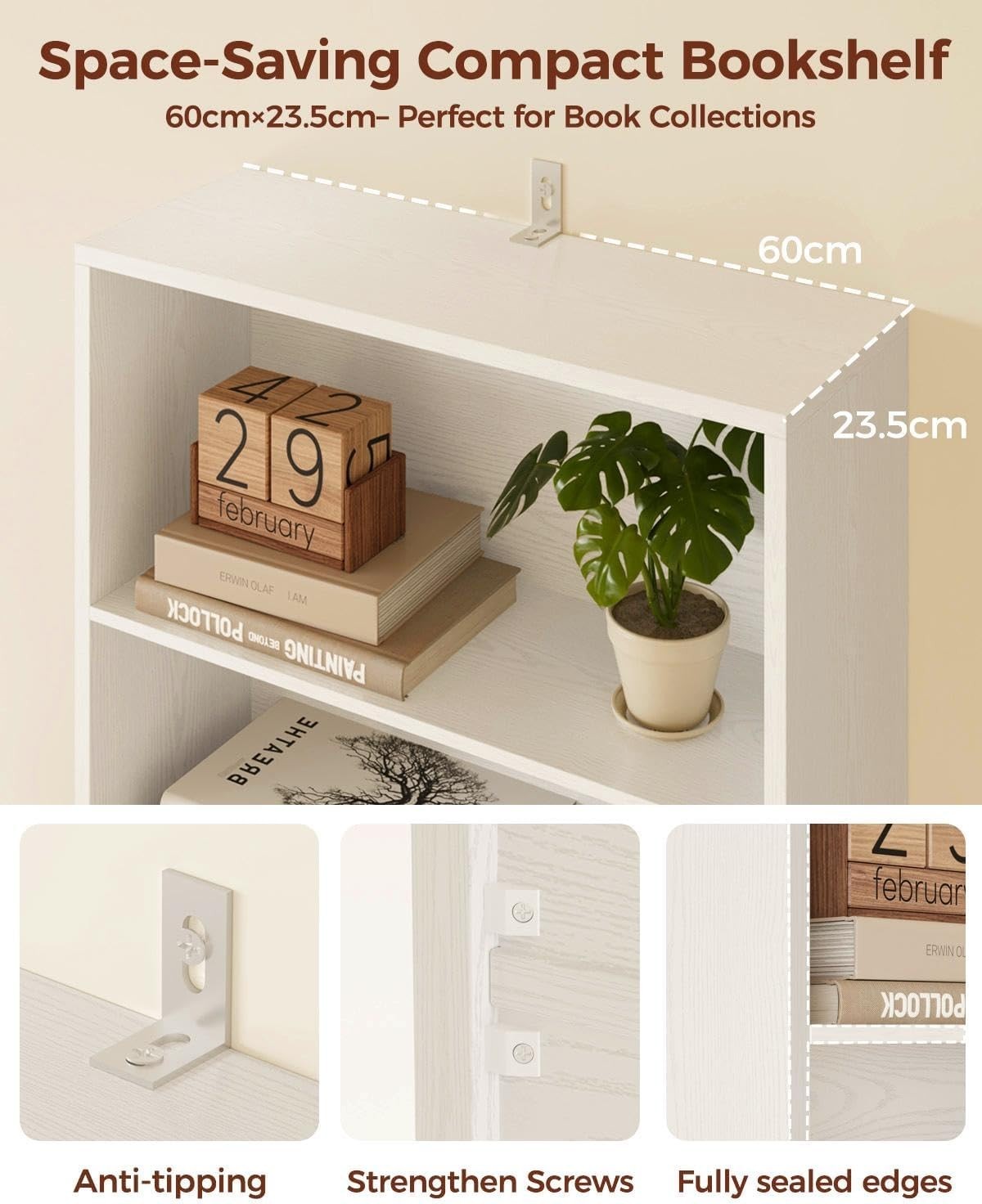6 Tier Tall White Bookcase with Doors Storage Display BookShelf 60x23.5x180cm