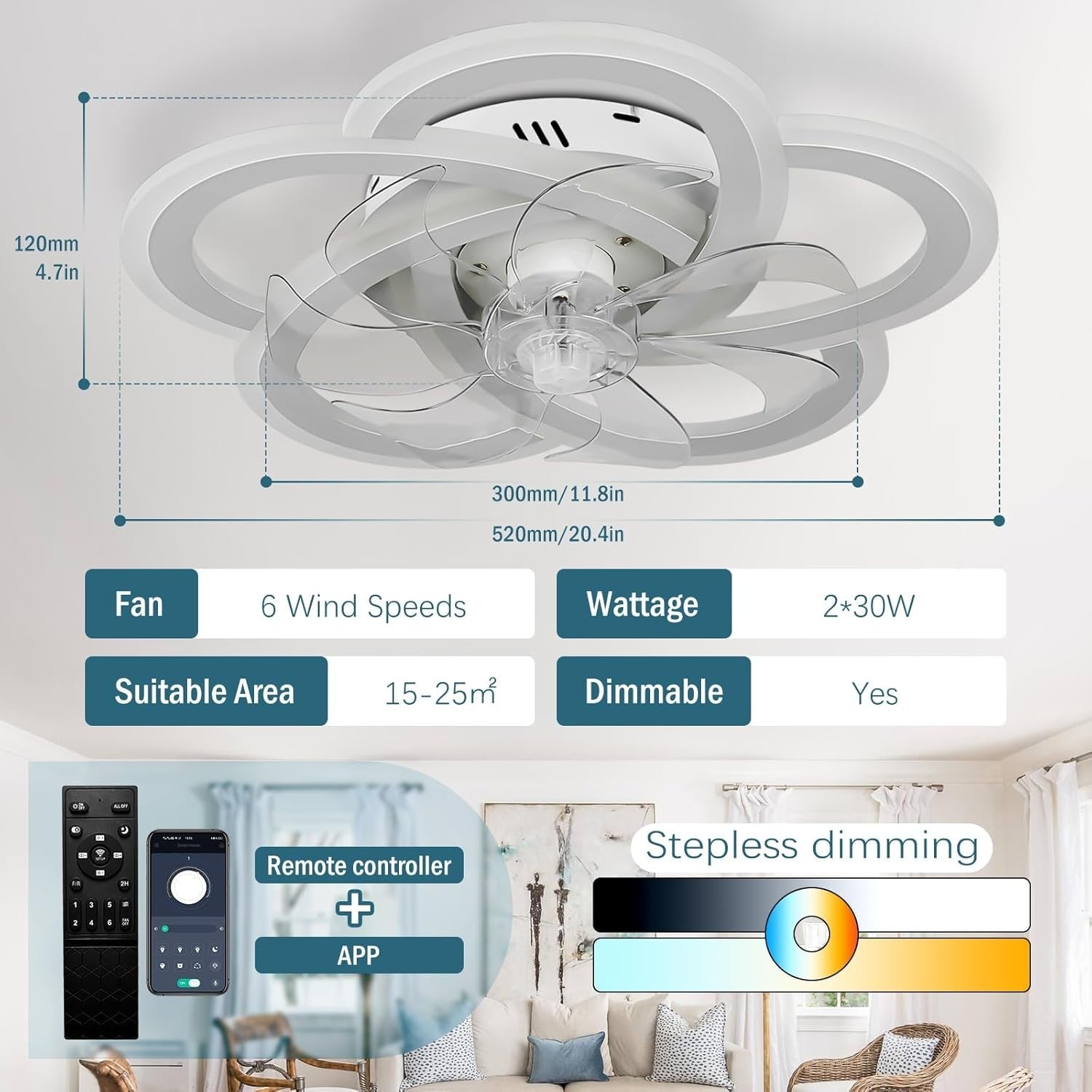 Ceiling Fan with Light, 6 Speeds, Dimmable, Remote, 50 cm White