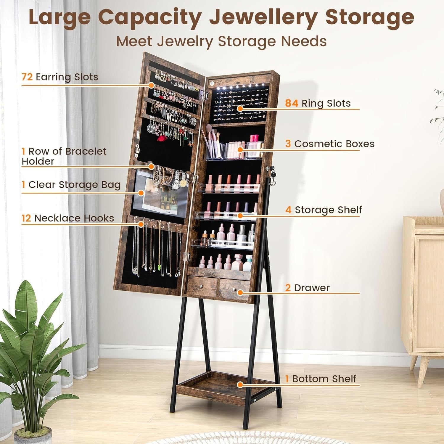 Rustic Brown LED Jewelry Cabinet Freestanding Lockable Mirror Storage