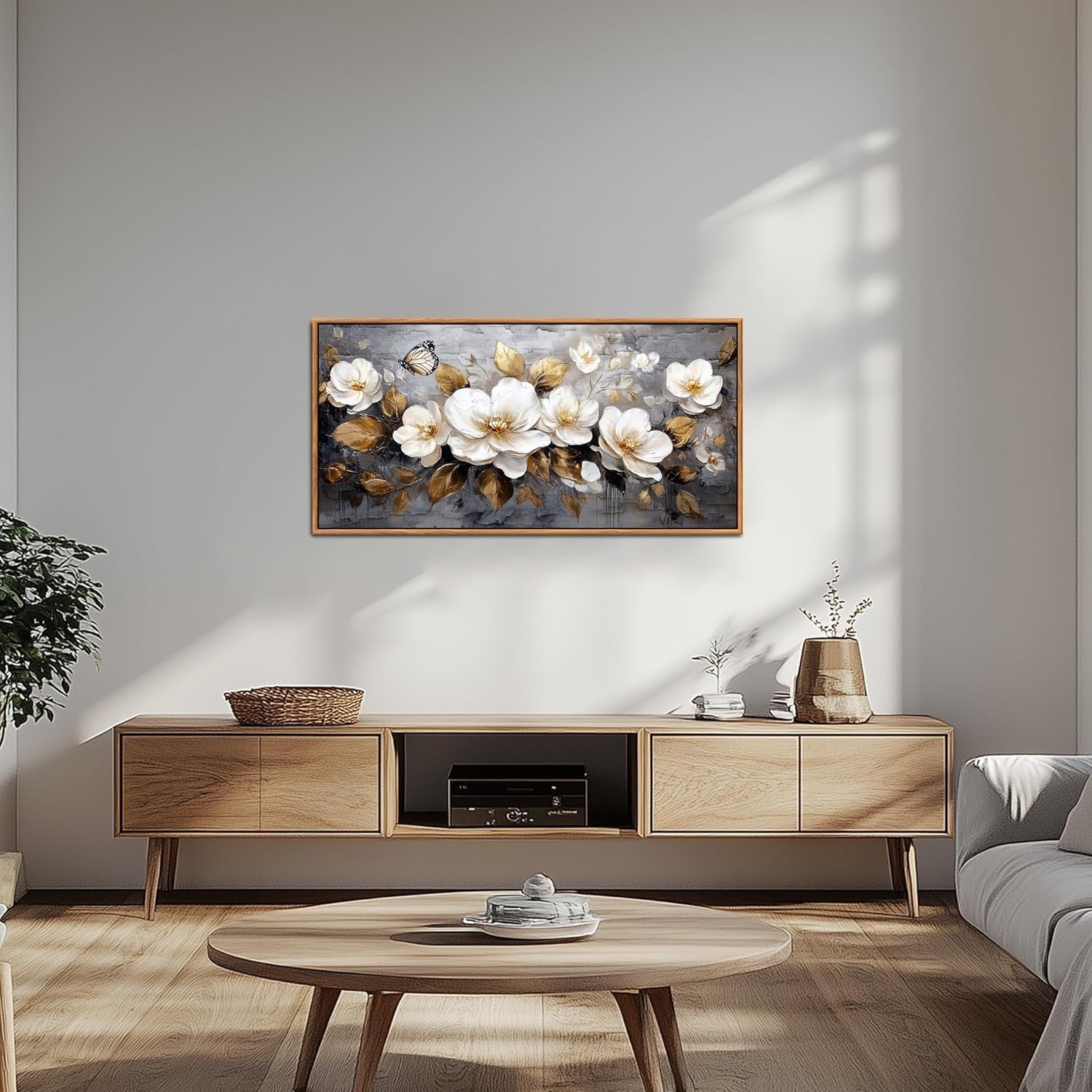 Golden Flowers Canvas Wall Art Framed 100x50 cm Large Floral Decor