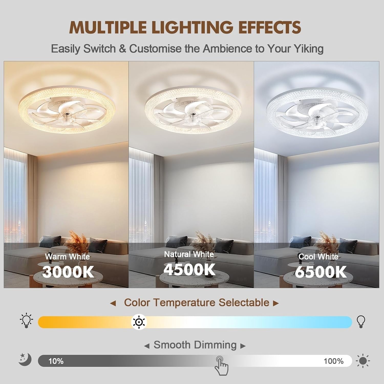 Modern 48CM Smart Ceiling Fan with LED Light, 6-Speed, Quiet, Dimmable
