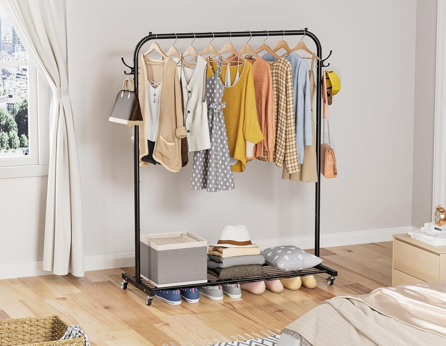 Portable Clothes Rail on Wheels 40KG Rack With Shelf & Hooks Black