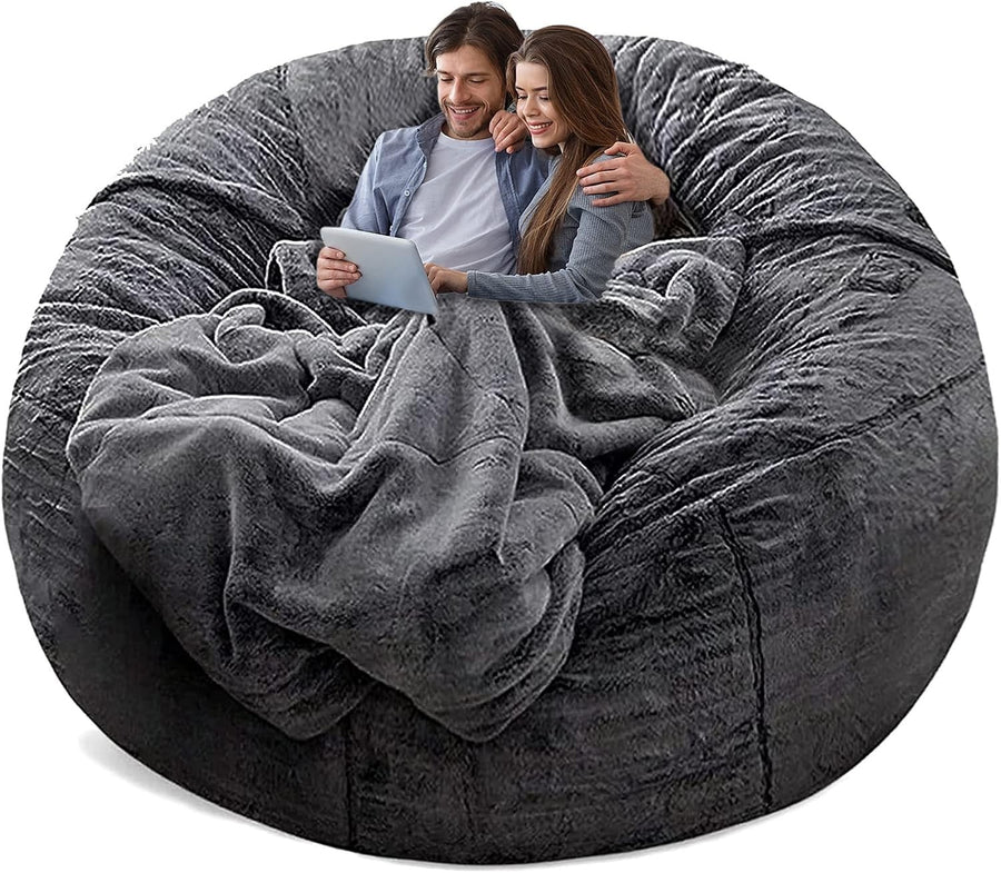 5FT Dark Grey Fluffy Bean Bag Chair Cover Sofa, Soft Washable Velvet