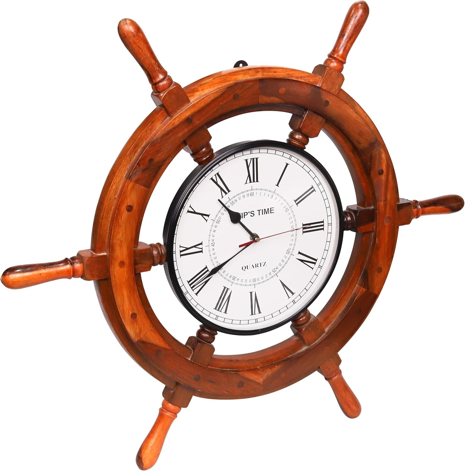 Nautical Wooden Ship Wheel Clock 24" Rustic Maritime Wall Decor Brass Center