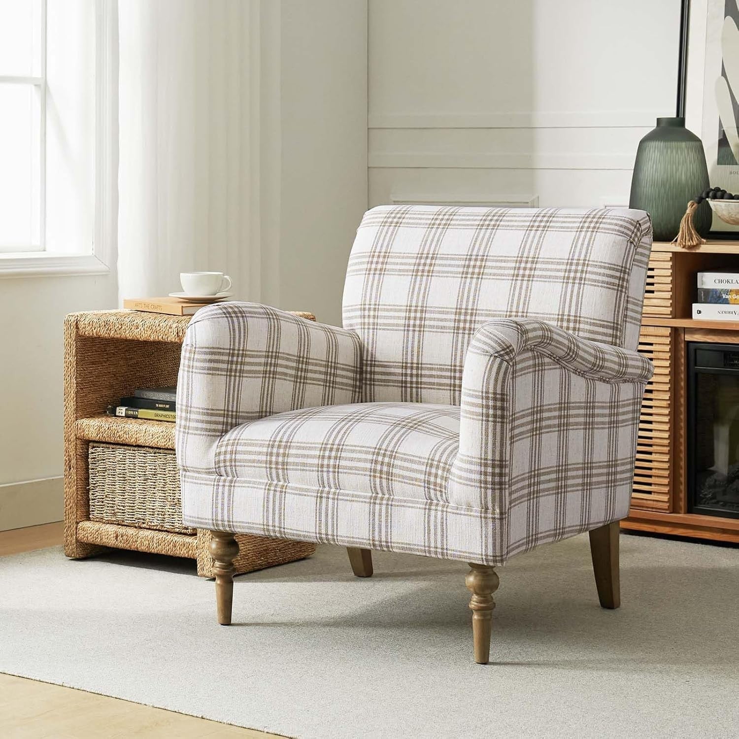 Plaid Armchair Lounge Chair Comfy Upholstered Seat Wood Legs Living Room
