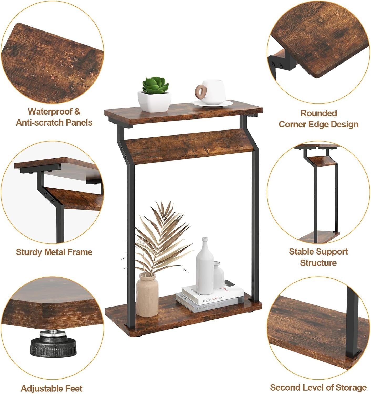 Narrow Side Table Slim Sofa End Table for Small Spaces Rustic Brown 62cm