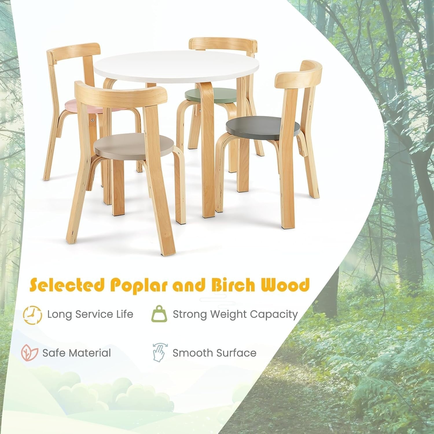 Kids 5-Piece Table & Chair Set, Wooden Round Activity Furniture for Play & Learn