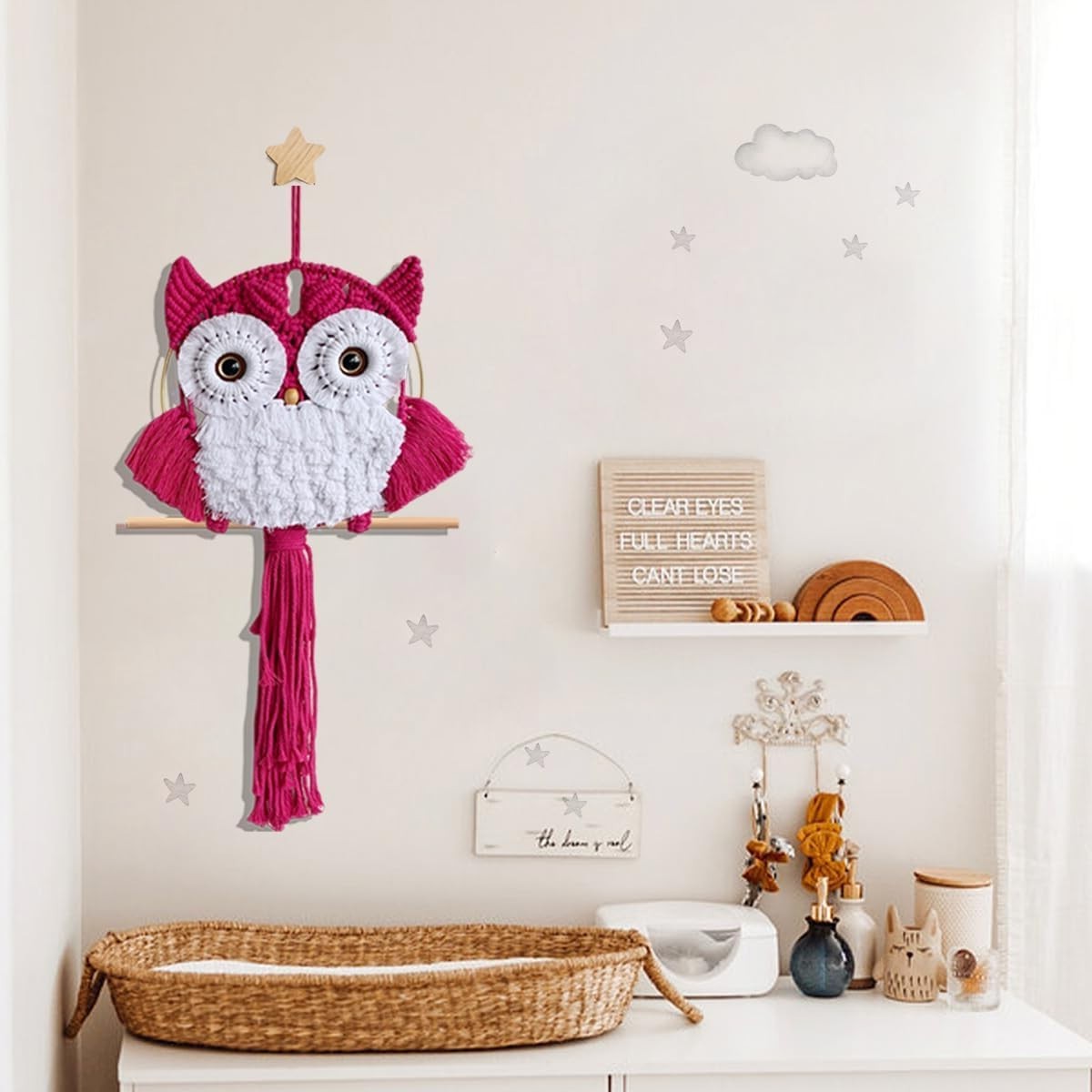 Fuchsia Macrame Owl Wall Hanging Boho Fiber Art Home Decor