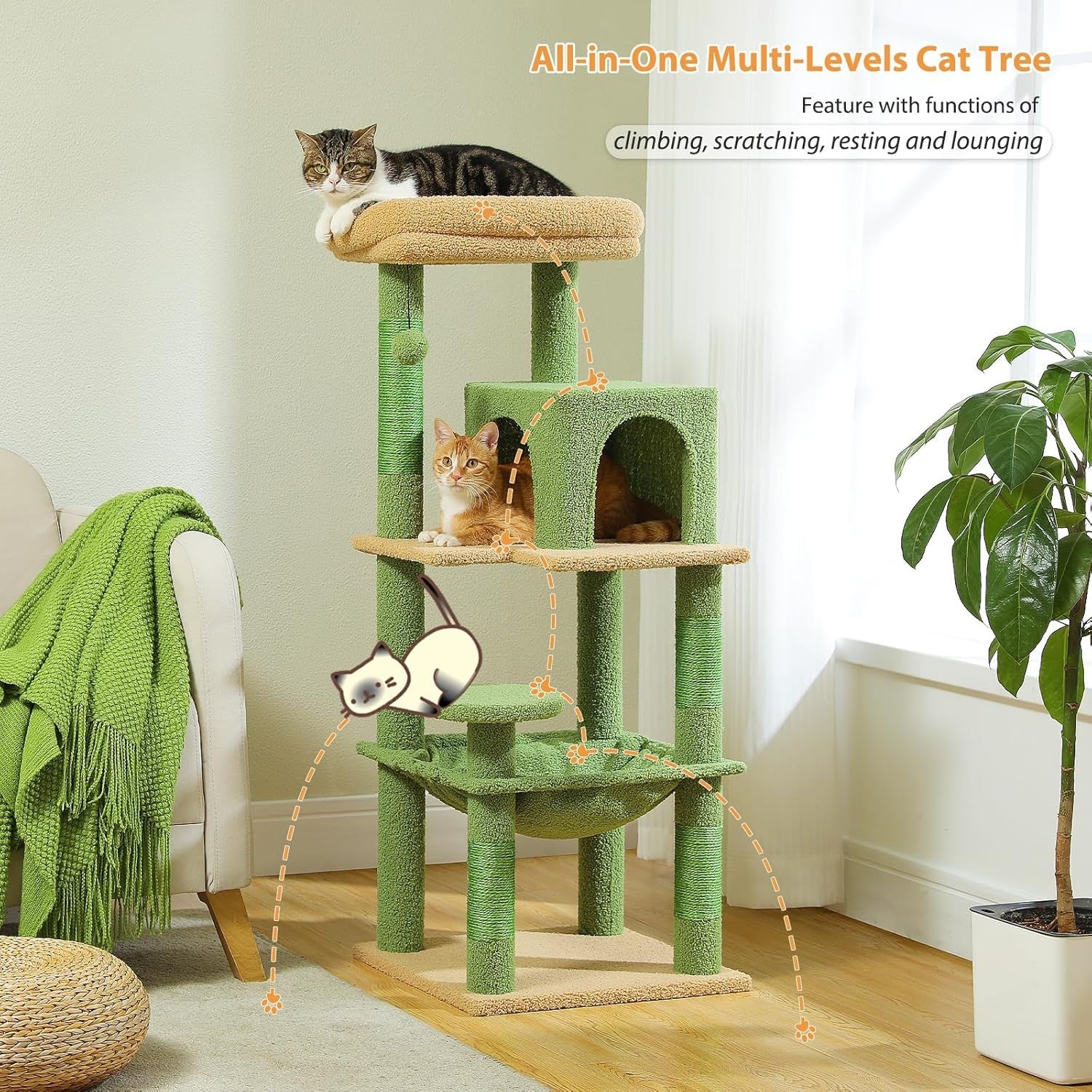 Cat Tree Tower 116cm Multi Level Scratching Posts Hammock Condo Kitten