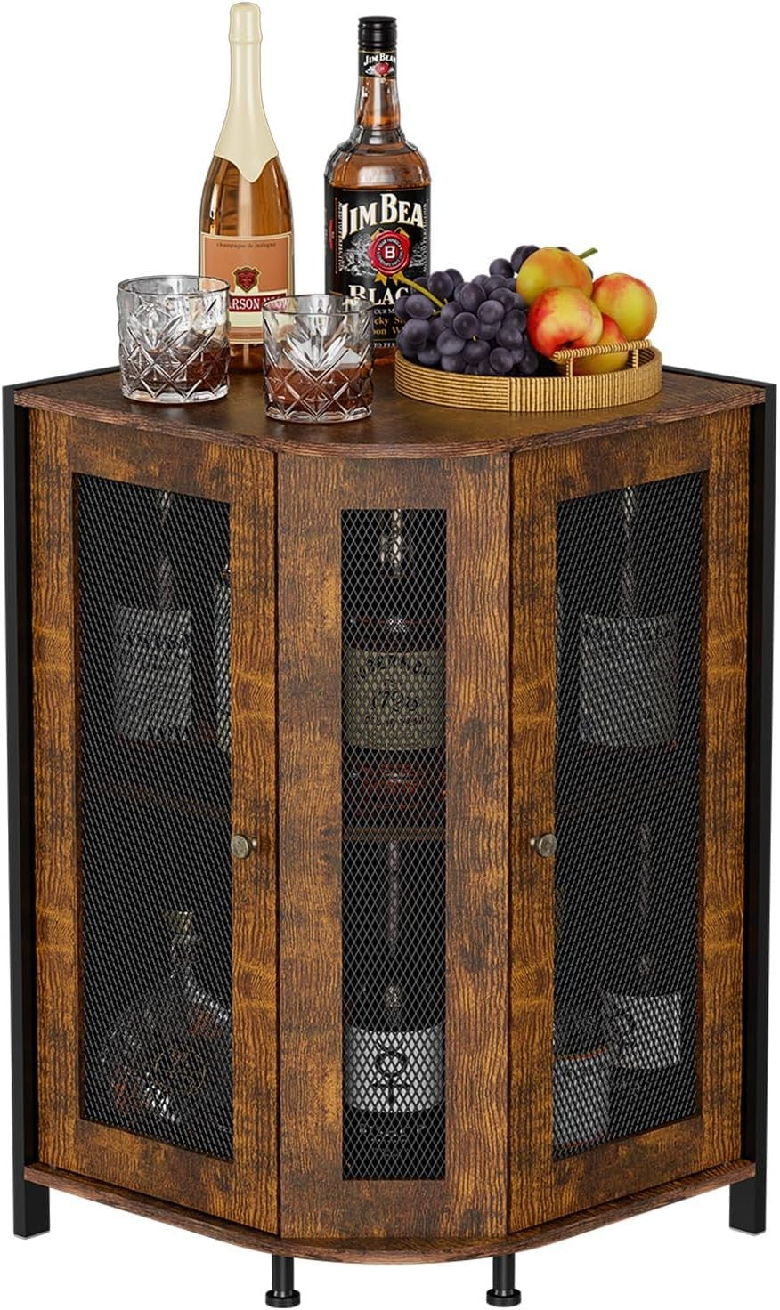 Industrial Corner Wine Cabinet with Storage Shelves, 3-Tier Bar Unit, Rustic