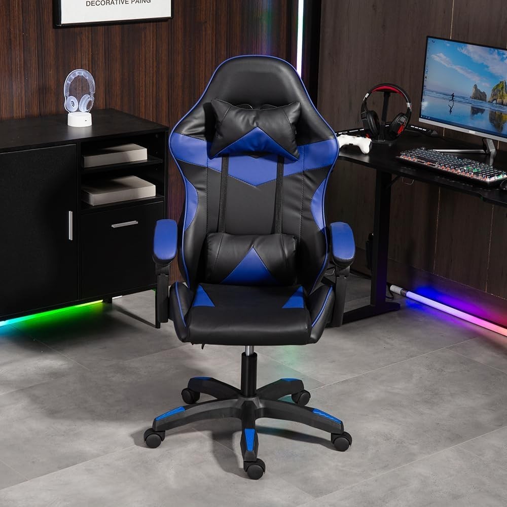 Blue Gaming Chair Reclining Swivel Office Desk Computer Faux Leather Medium