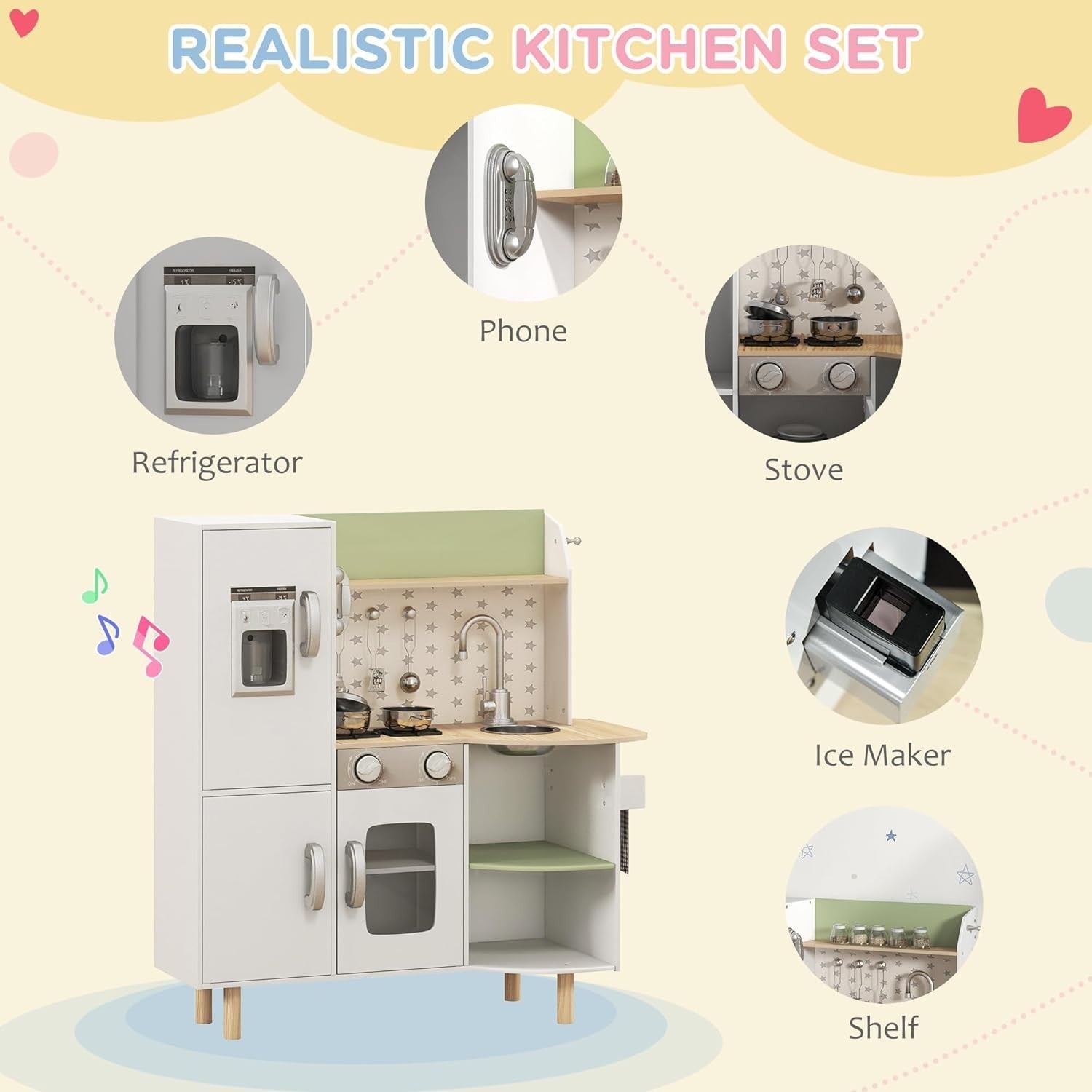 Kids Wooden Play Kitchen w/ Ice Maker Phone Sink White Toy