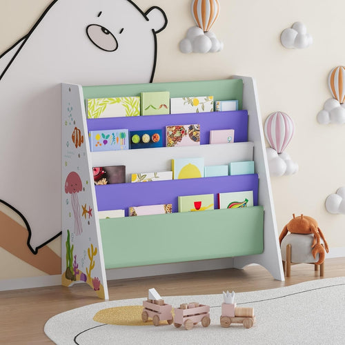 Kids 4 Tier Bookshelf with Sealife Design Wooden Book Storage Unit Furniture