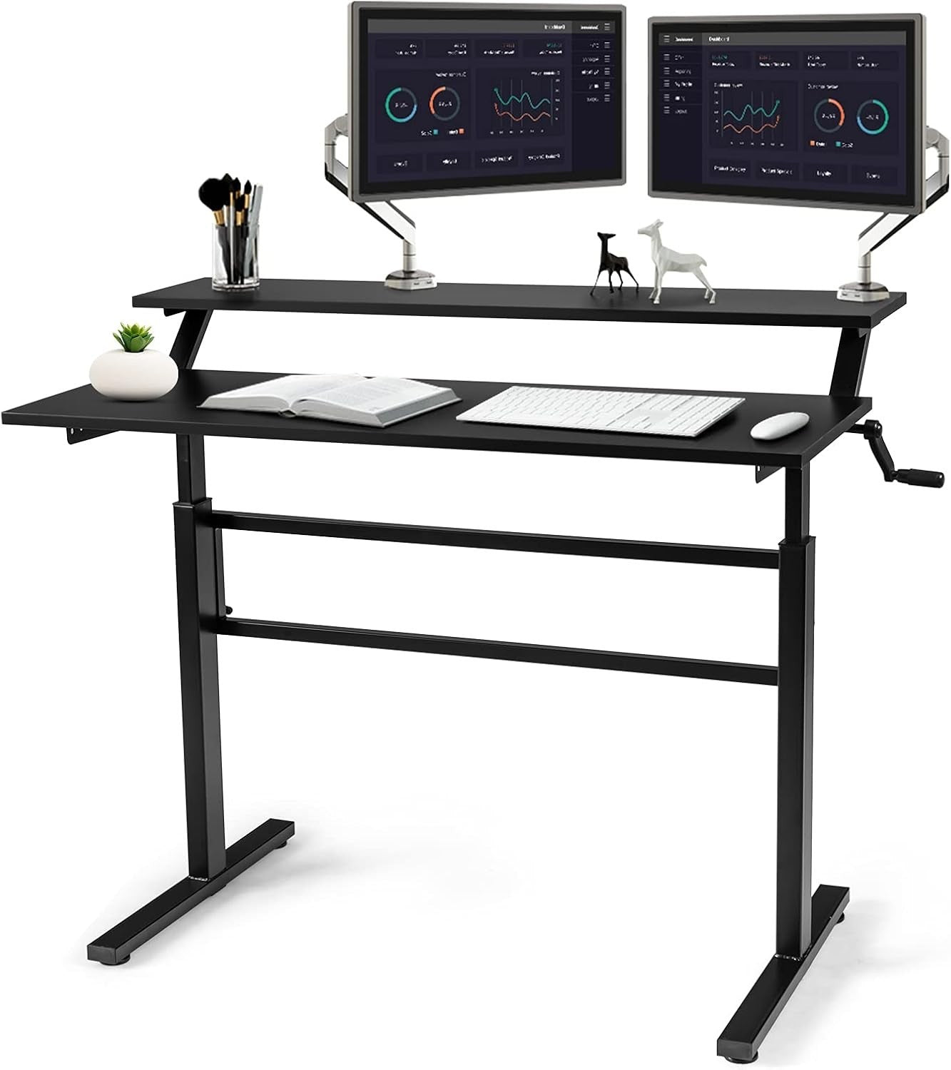 Black Adjustable Standing Desk 113cm Crank Handle Sit Stand Table