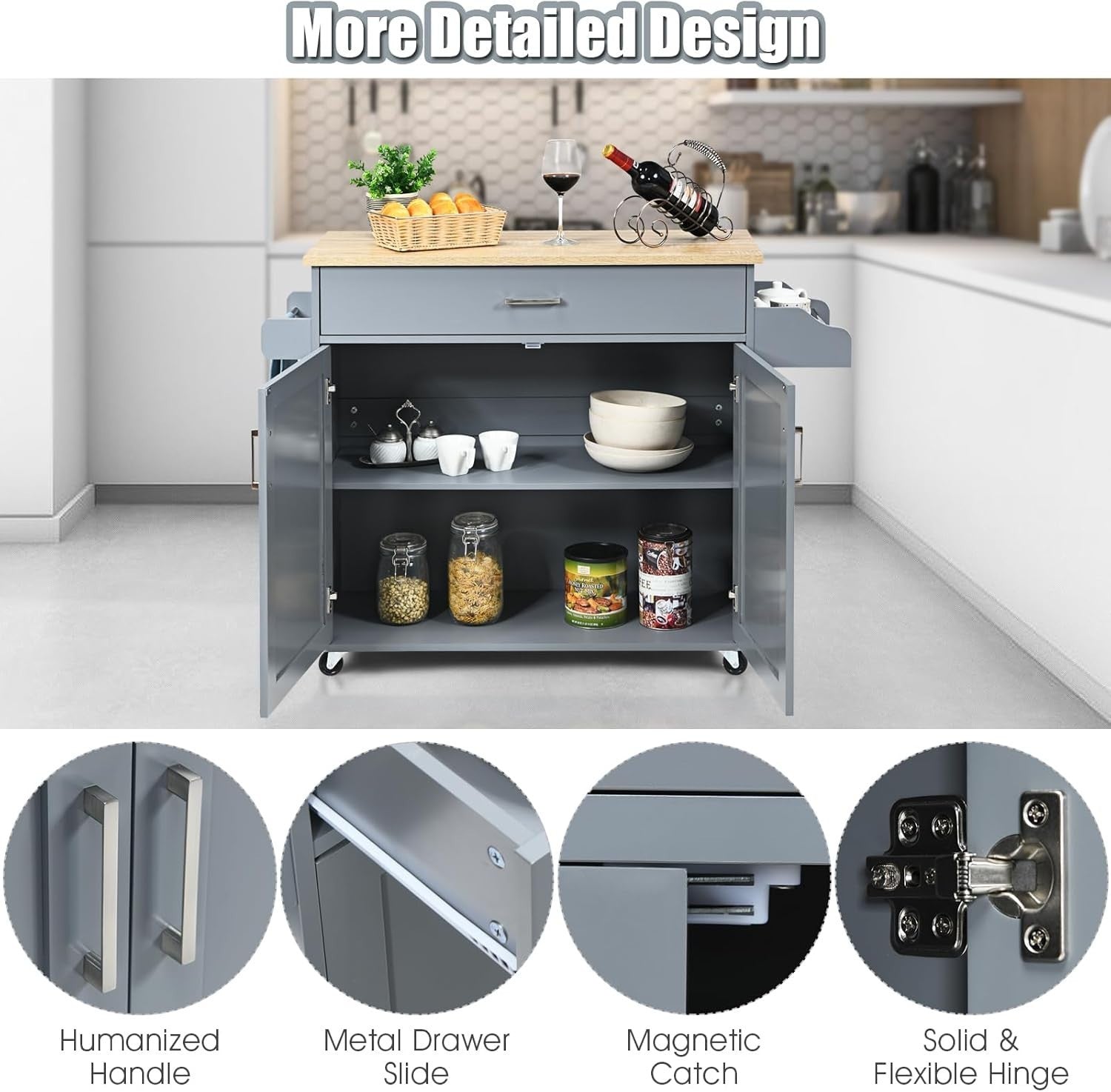 Rolling Kitchen Storage Cart with Adjustable Shelf, Drawer & Lockable Wheels