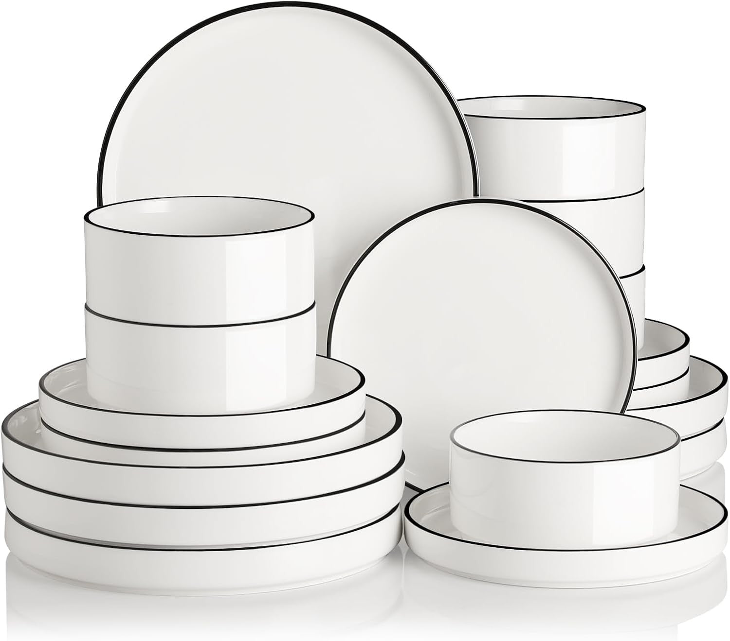18pc Porcelain Dinnerware Set White Black Rim Plates Bowls Service for 6