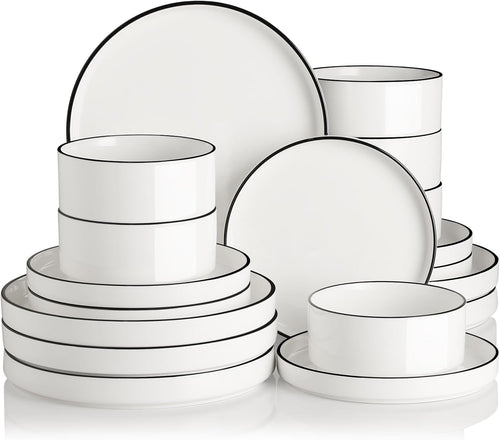 18pc Porcelain Dinnerware Set White Black Rim Plates Bowls Service for 6