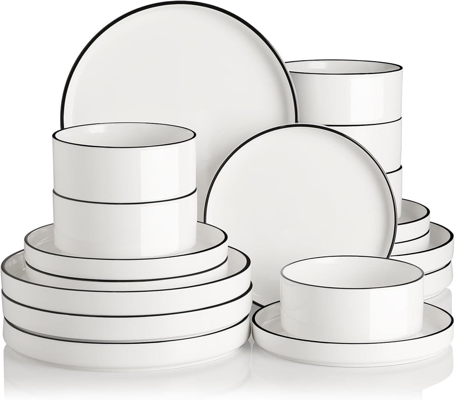 18pc Porcelain Dinnerware Set White Black Rim Plates Bowls Service for 6
