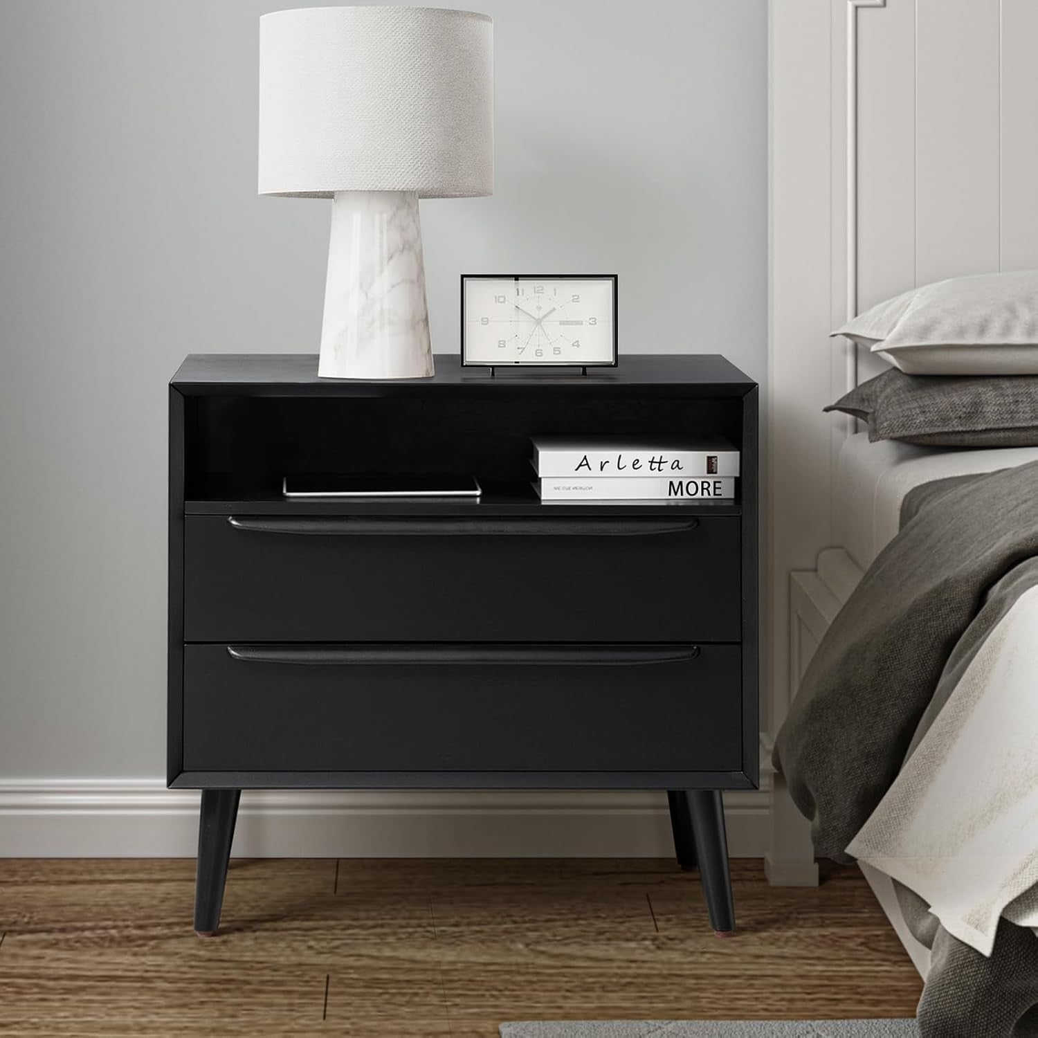 Modern Black Wooden Bedside Table with 2 Drawers & Open Shelf