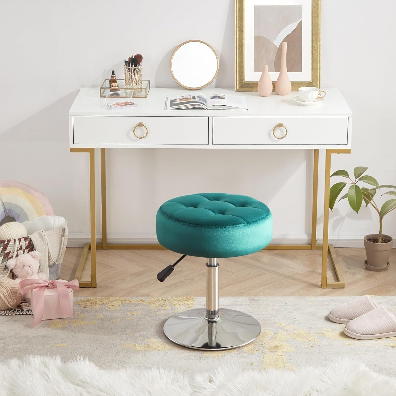 Teal Velvet Swivel Vanity Stool – Adjustable Tufted Round Makeup Chair Chrome