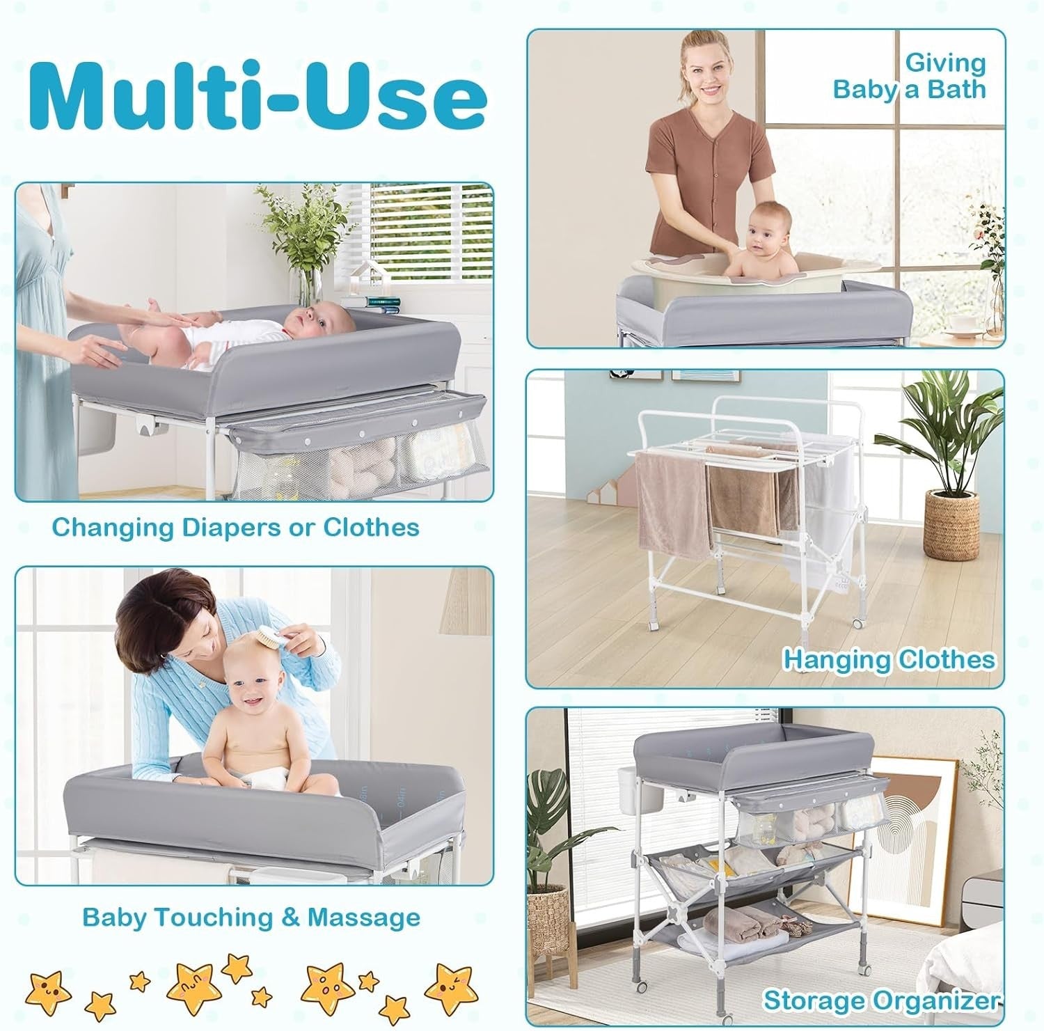 Baby Changing Table Folding Nursery Station with Wheels & Storage Grey