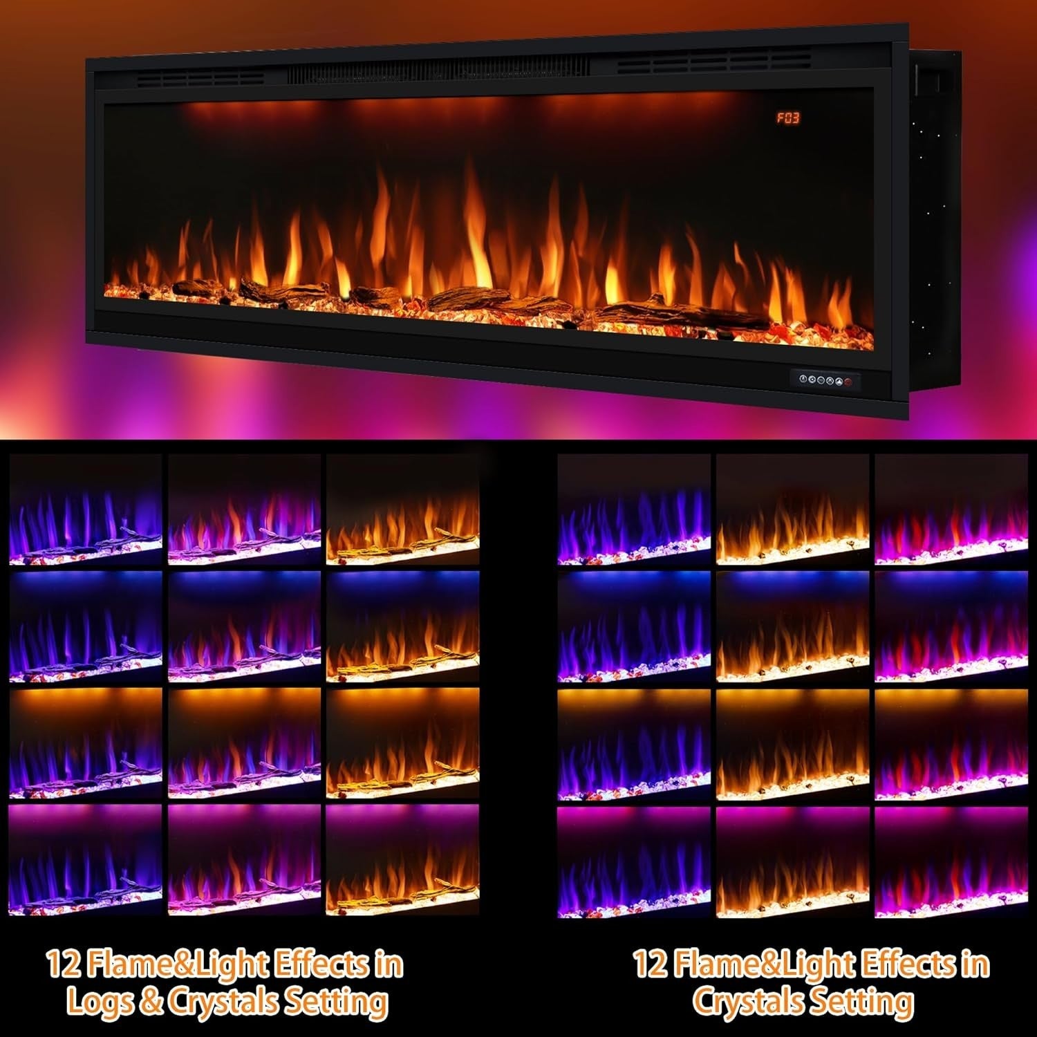 Electric Wall Mounted Fireplace 50" Recessed Heater Multicolor Flame Timer