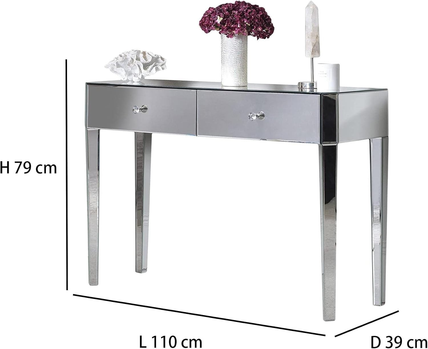 Silver Mirrored Dressing Table Vanity Desk 2 Drawers Glass Top Wood Modern