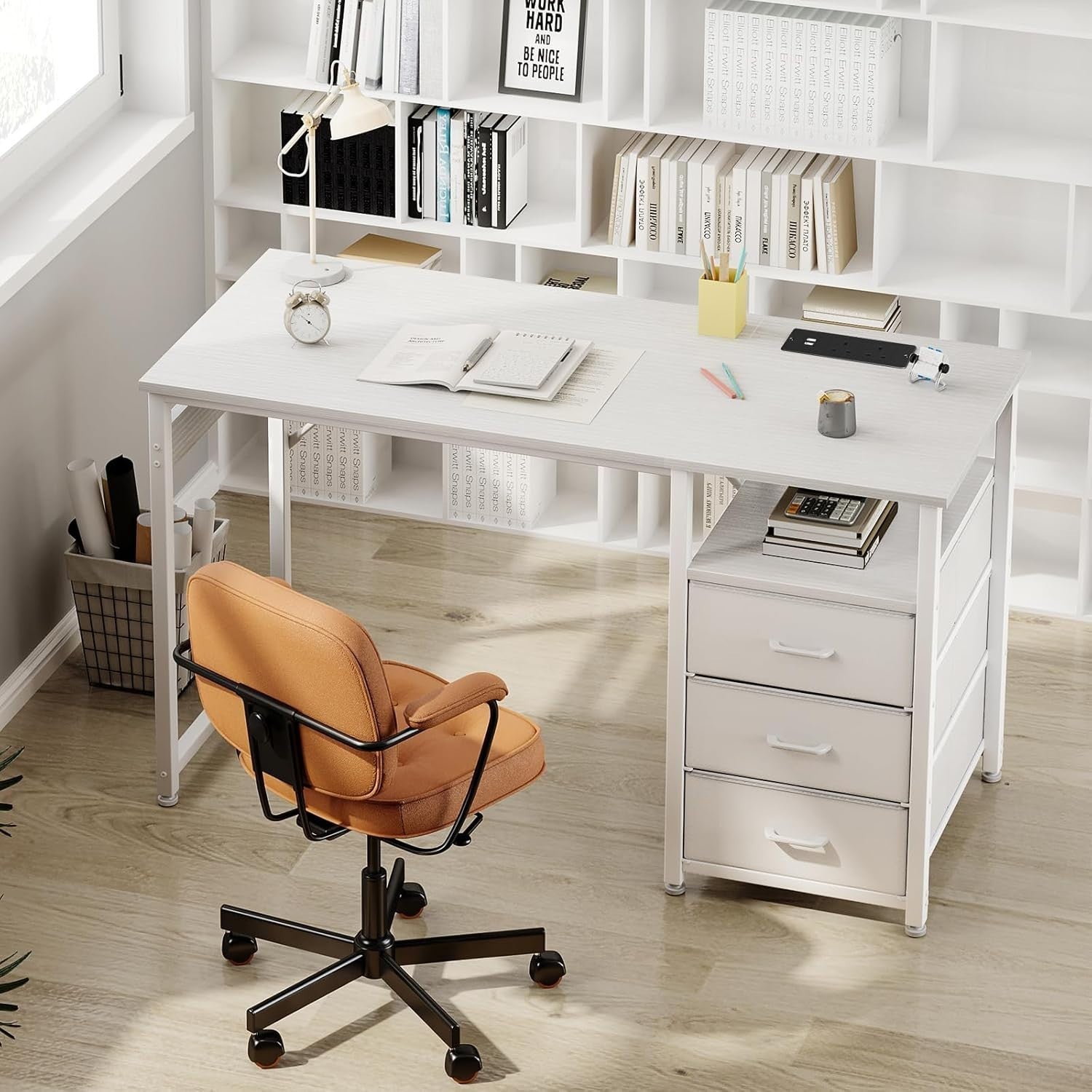 White 120cm Computer Desk w/ 3 Drawers, USB Ports & Power Sockets Office Table