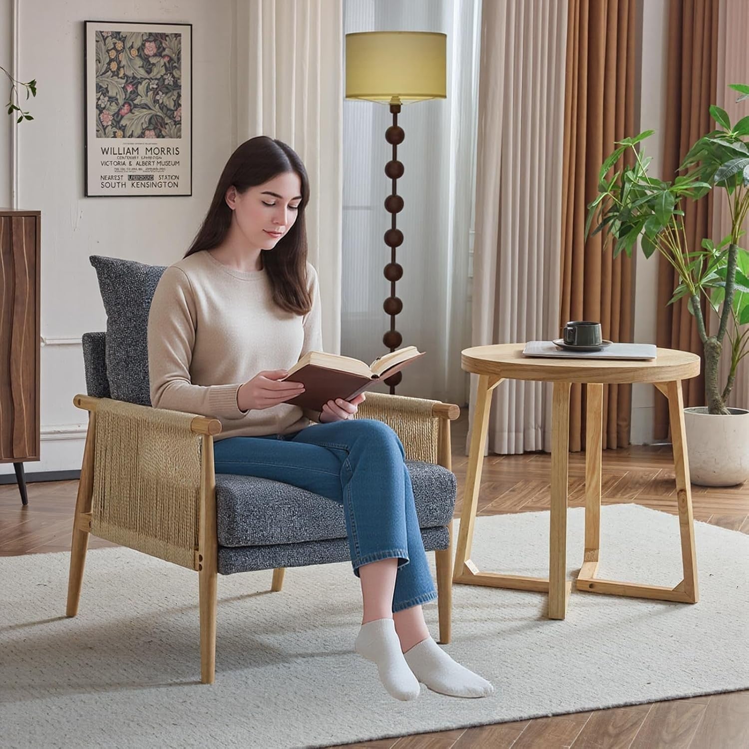 Rattan Accent Chair with Cushions, Modern Lounge Armchair for Living Room