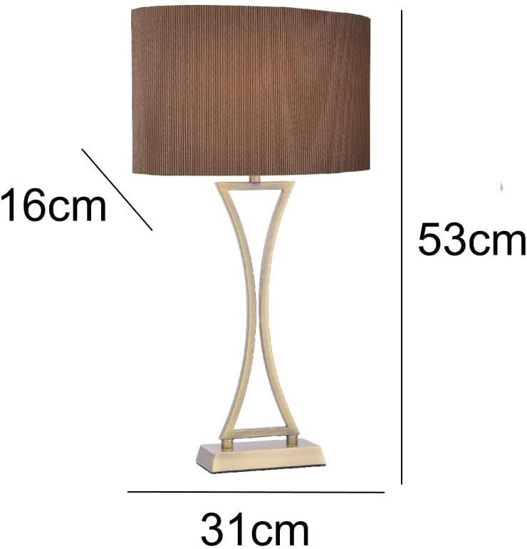 Modern Antique Brass Table Lamp with Brown Pleated Shade & Inline Switch