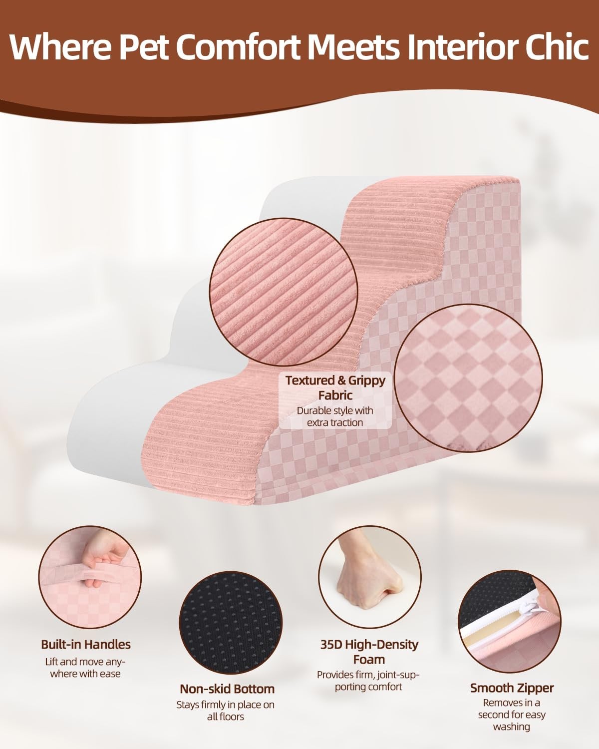 Dog Stairs for Couch 39cm High 3-Step Pet Stairs Small Dogs Non-Slip Pink