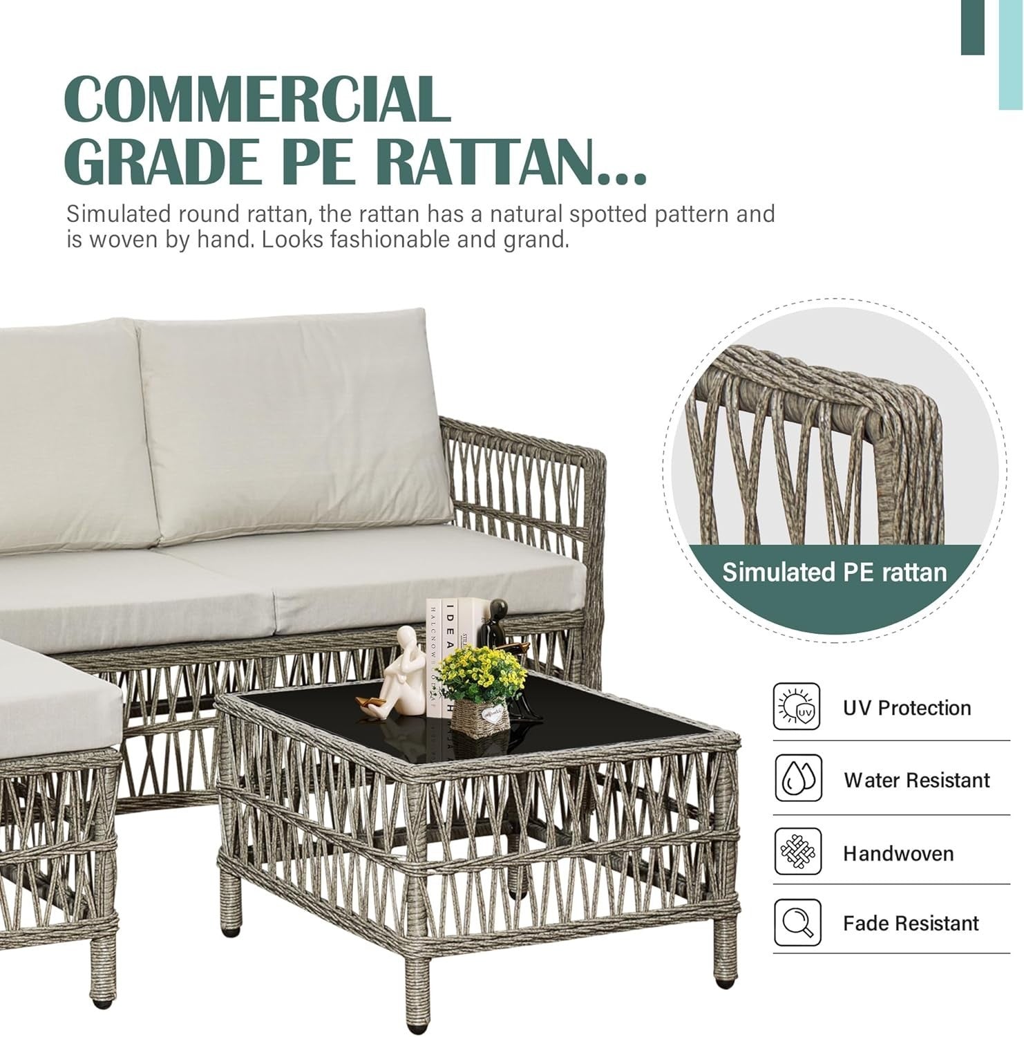 5-Piece Outdoor Rattan Garden Sofa Set with Cushions & Glass Coffee Table