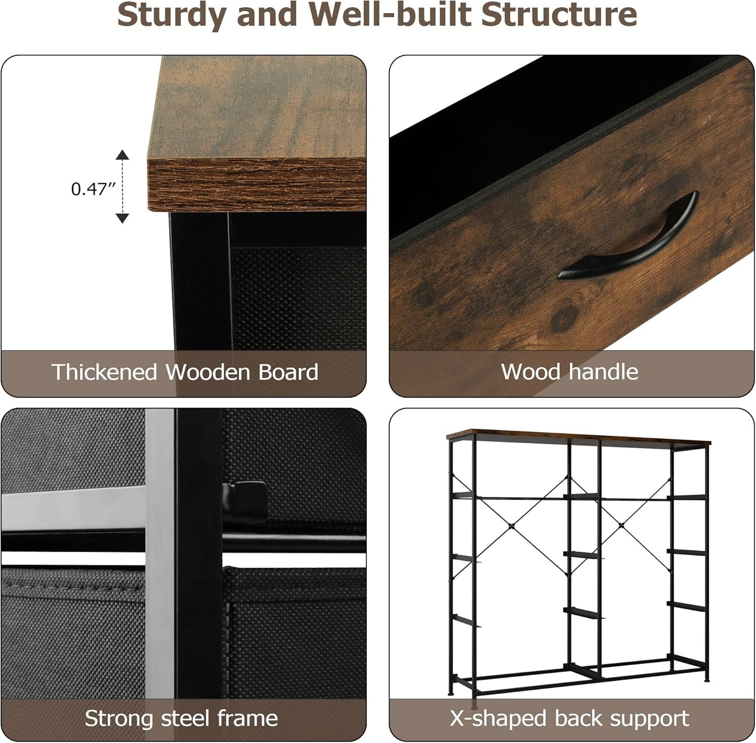 Rustic Tall Chest of 10 Drawers Storage Unit for Bedroom Hallway Closet