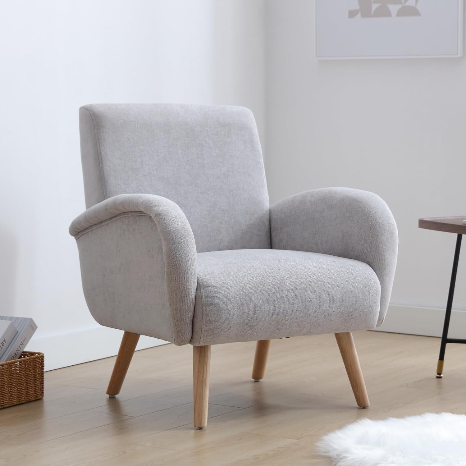 Grey Chenille Accent Tub Chair Wooden Legs Modern Armchair