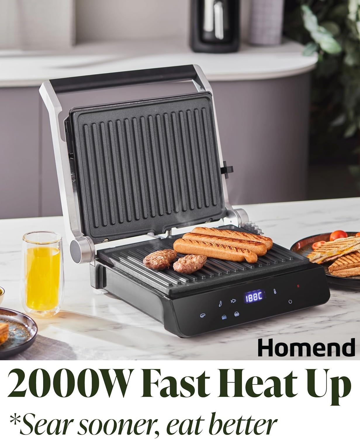 2000W Indoor Electric Grill Press | Non-Stick Plates, LED Timer, 180° Open BBQ