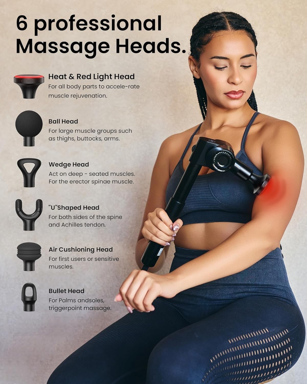 Deep Tissue Massage Gun with Heat Red Light Long Handle 32 Speeds Pain Relief