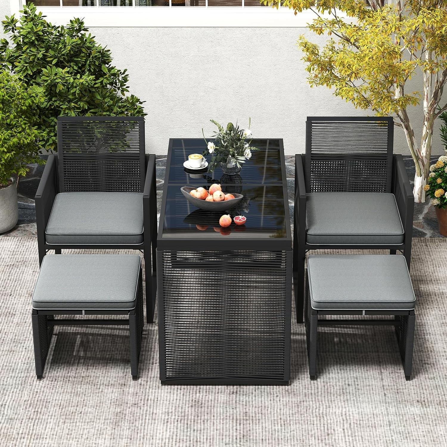 5 Piece Rattan Garden Dining Set Table Chairs Ottomans Cushions Space Saving