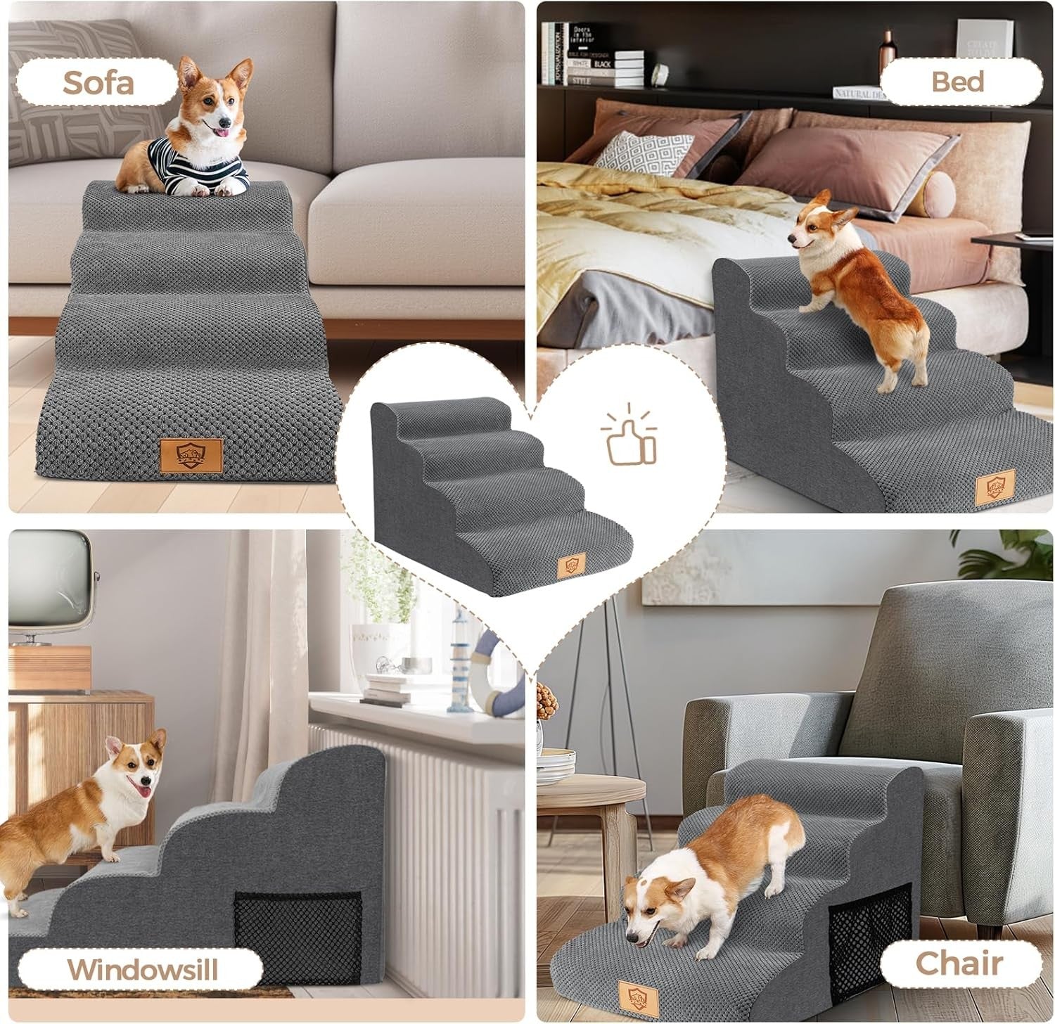 4 Step Dog Stairs Ramp for Bed Sofa Non Slip Washable Grey 73x40x51cm
