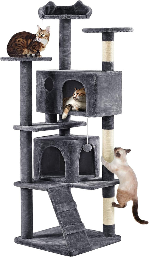 Tall Cat Tree 178cm Multi Level Scratching Tower with Caves Dark Grey