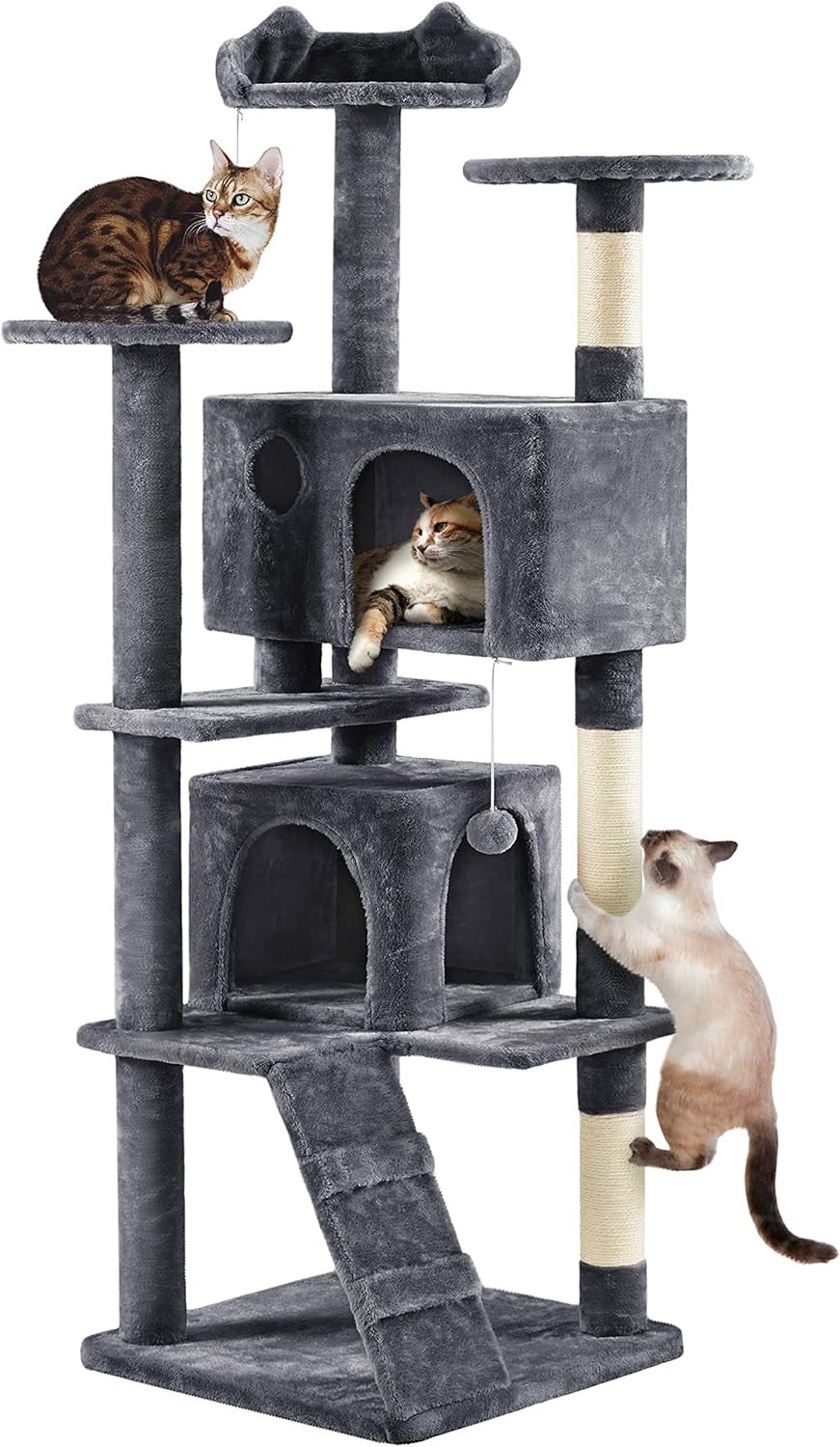 Tall Cat Tree 178cm Multi Level Scratching Tower with Caves Dark Grey