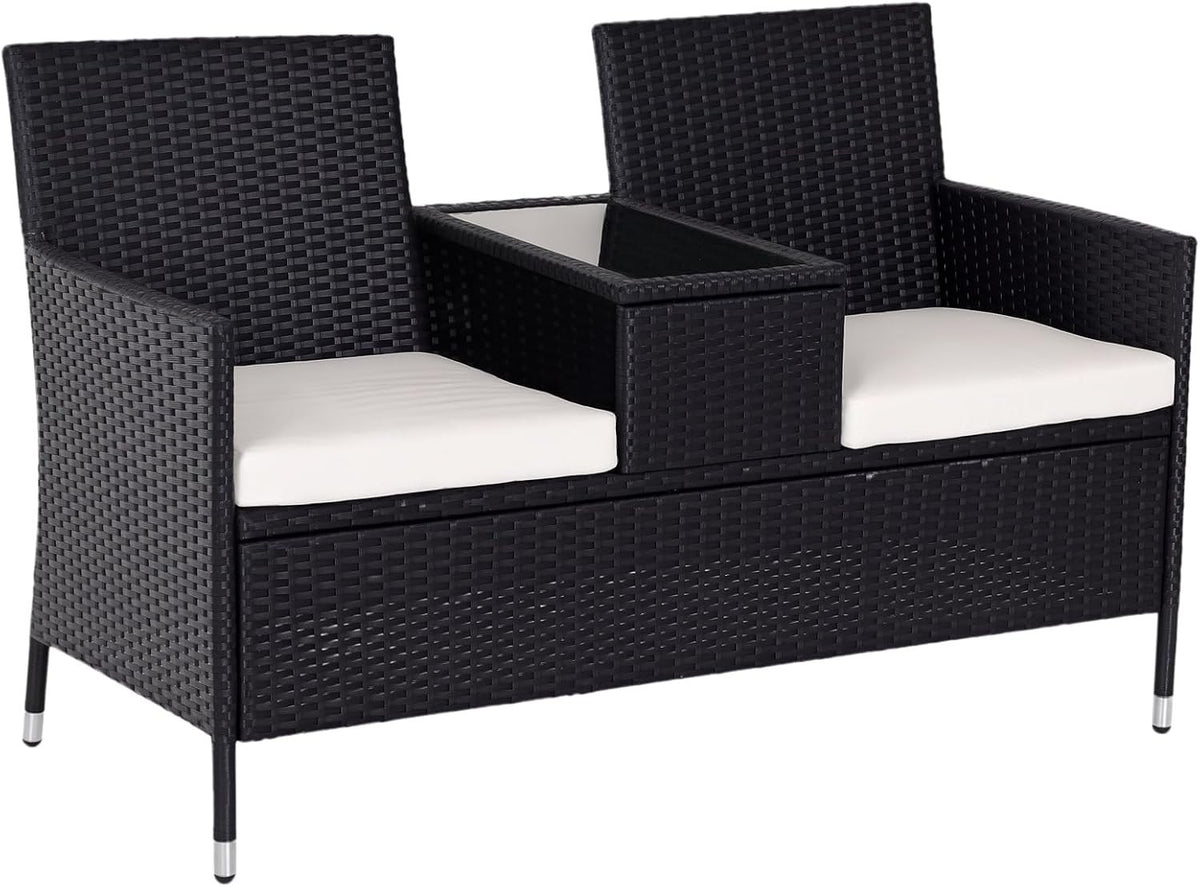 2-Seater Outdoor Rattan Garden Sofa with Table & Cushions Black Patio