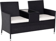 2-Seater Outdoor Rattan Garden Sofa with Table & Cushions Black Patio