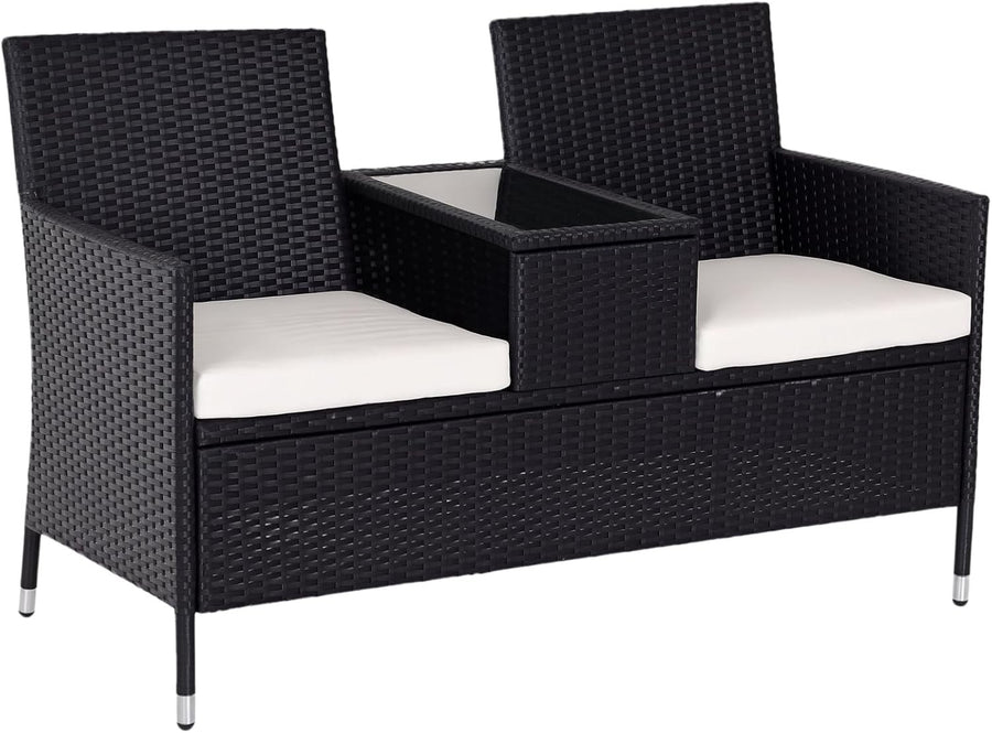 2-Seater Outdoor Rattan Garden Sofa with Table & Cushions Black Patio