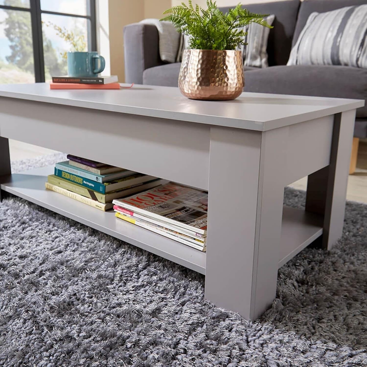 Lift Top Grey Coffee Table 100x50cm with Hidden Storage & Shelf Modern
