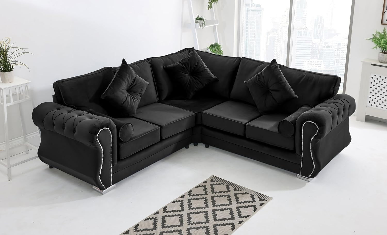 Black Plush Velvet Corner Sofa 5 Seater with Foam Cushions & Chrome Feet