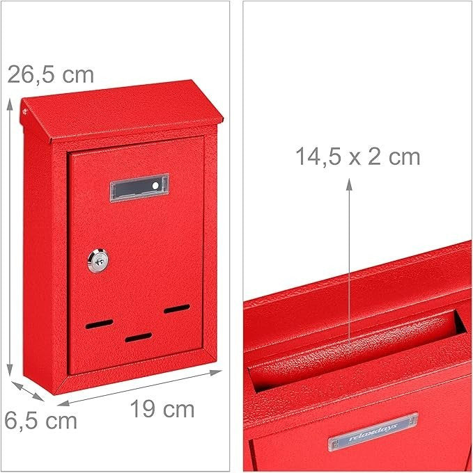 Lockable Wall Mounted Post Box Red Iron Compact Secure Mailbox 26.5x19x6.5cm