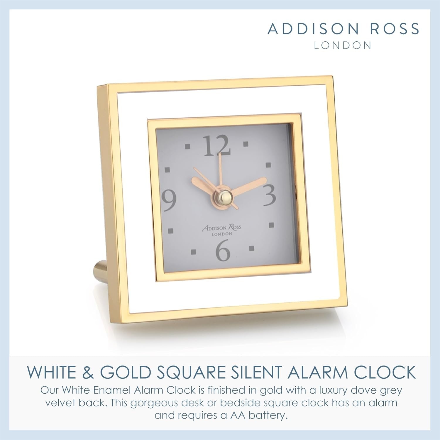 Silent Square Bedside Alarm Clock White Gold Luxury Compact No Ticking
