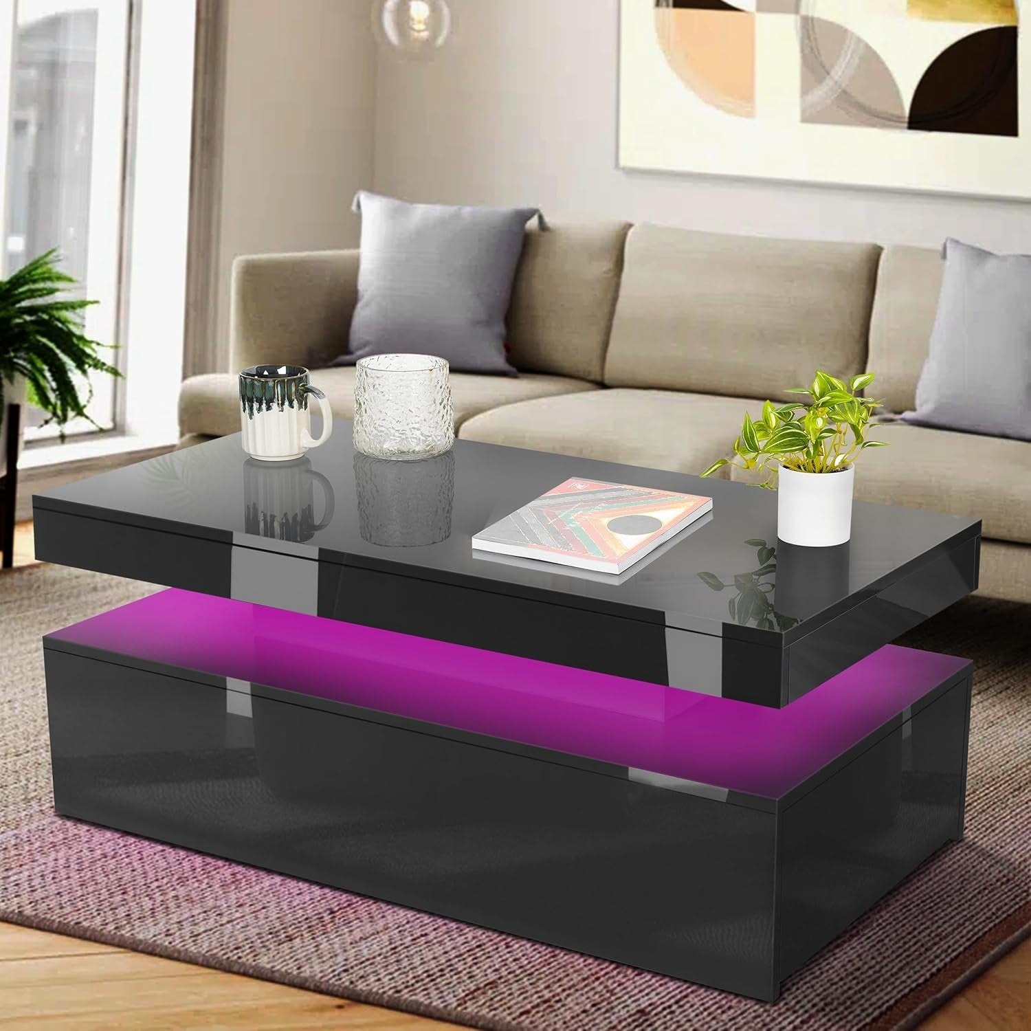 Black LED Coffee Table with 2 Drawers, High Gloss, RGB Lights 95x48x42cm