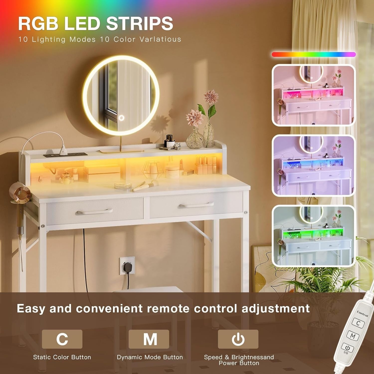 Vanity Dressing Table Desk w/ LED Lights Power Outlet Storage & Stool White